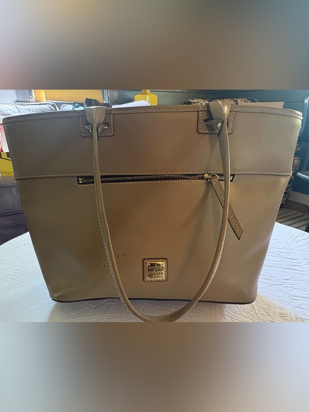 Dooney & Bourke Taupe Leather Zip-Front Tote